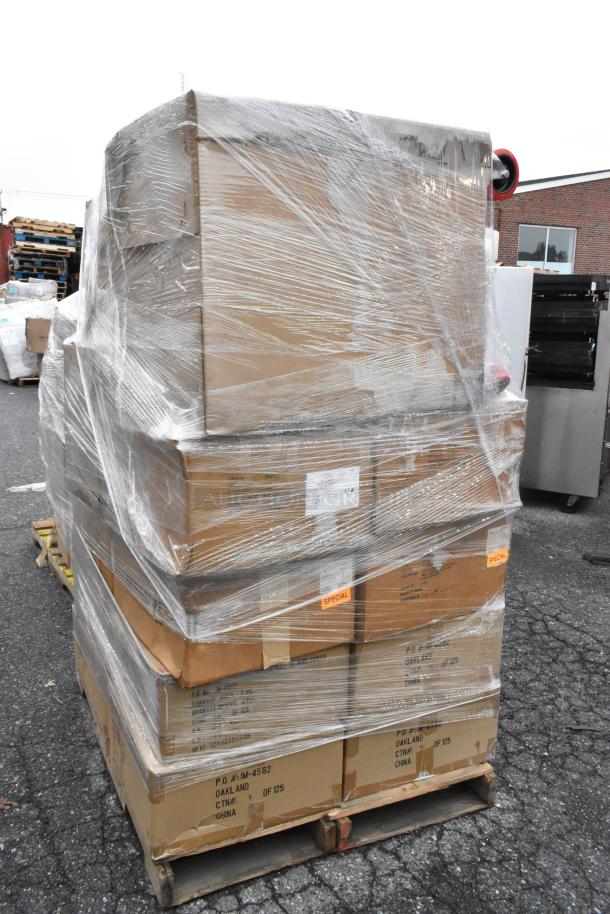 Plastic-wrapped pallet with 25 boxes, some marked with "Special." Includes Franmara Cornucopia and Exacto Pour Bar Test Kit.