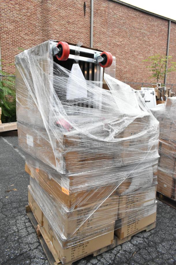 Shrink-wrapped pallet of 25 boxes, including Franmara Cornucopia and Exacto Pour Bar Test Kit, labeled "Scratch and Dent."
