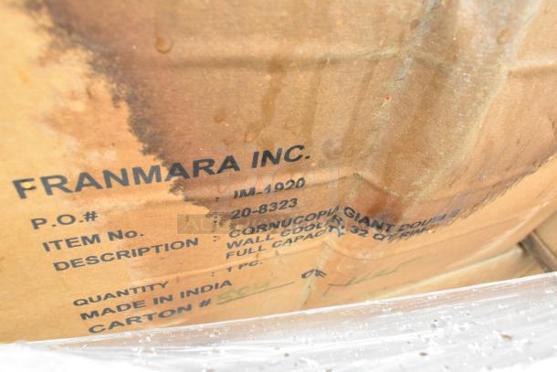 Cardboard box labeled "Franmara Inc. Cornucopia Giant Cooler, Wall Cooler, 32 QT." Scratch and dent condition. Made in India.