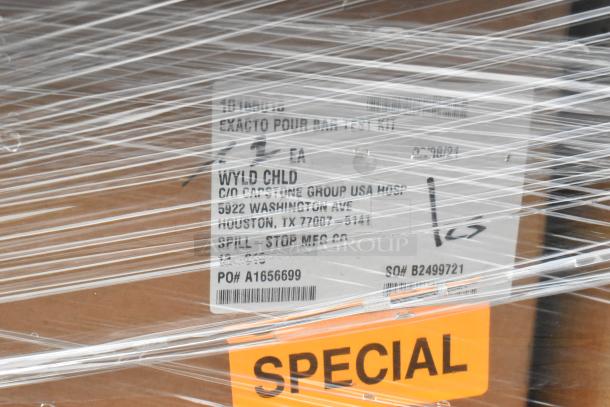 Plastic-wrapped pallet labeled with "SPECIAL" and visible address tag for Franmara Cornucopia, Exacto Pour Bar Test Kit, new condition.