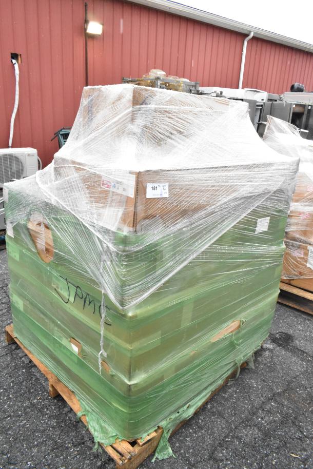Shrink-wrapped pallet of 14 boxes labeled with "181" containing a dunnage rack, Metro shelf, and gas connector hose kit.
