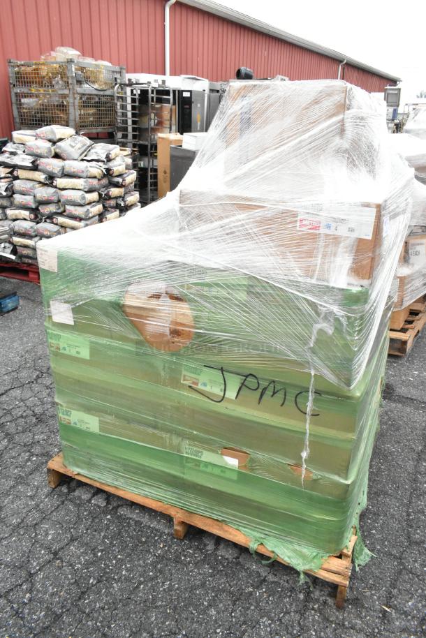 Shrink-wrapped pallet with boxes labeled "Dundage Rack," "Metro Shelf," and "Gas Connector Hose Kit," marked "JPMC," on a wooden pallet.