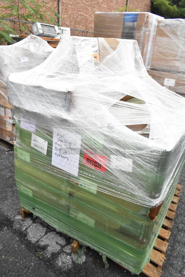 Pallet of 14 brand new scratch and dent boxes, wrapped, including dunnage rack, Metro shelf, gas connector hose kit.