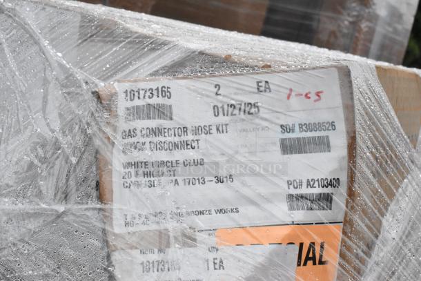 Shrink-wrapped pallet with labeled boxes. Includes Gas Connector Hose Kit marked for White Circle Club, PO# A2103400, visible barcode.