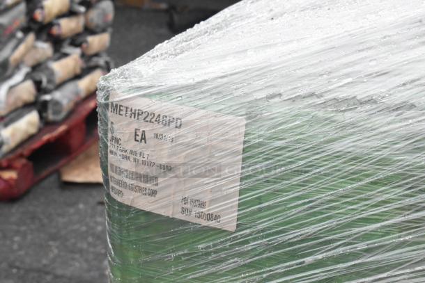 Plastic-wrapped boxes with visible label, including a dunnage rack, Metro shelf, and gas connector hose kit. Brand new, scratch and dent.