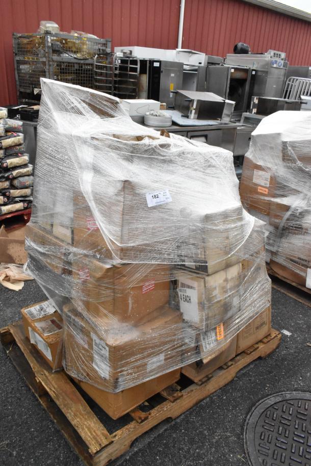 Pallet of 24 new scratch and dent boxes, shrink-wrapped, containing therapy bowls, plates, pot brush, and cooling plates.