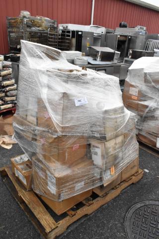 Pallet of 24 new scratch and dent boxes, shrink-wrapped, containing therapy bowls, plates, pot brush, and cooling plates.