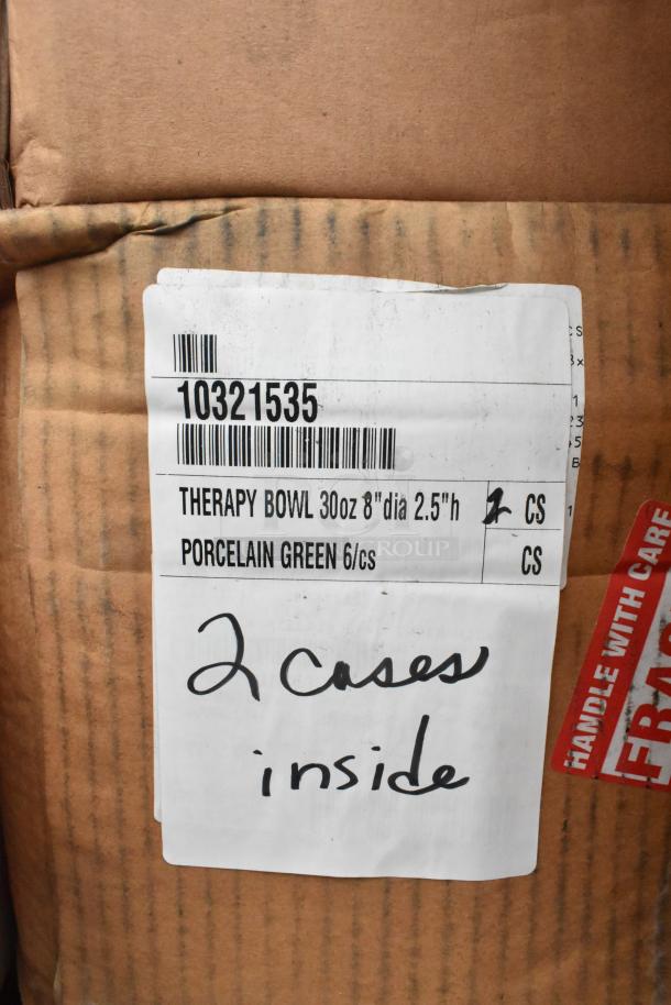 Cardboard box with label reading "Therapy Bowl 30oz 8''dia 2.5''h, Porcelain Green, 2 Cases Inside." Handle with Care sticker visible.
