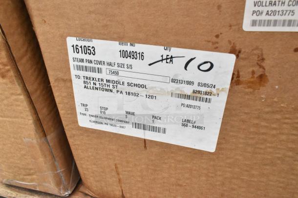 Brown cardboard box with label for Trexler Middle School, Allentown, PA. Indicates steam pan cover, 1 unit crossed out to 10.