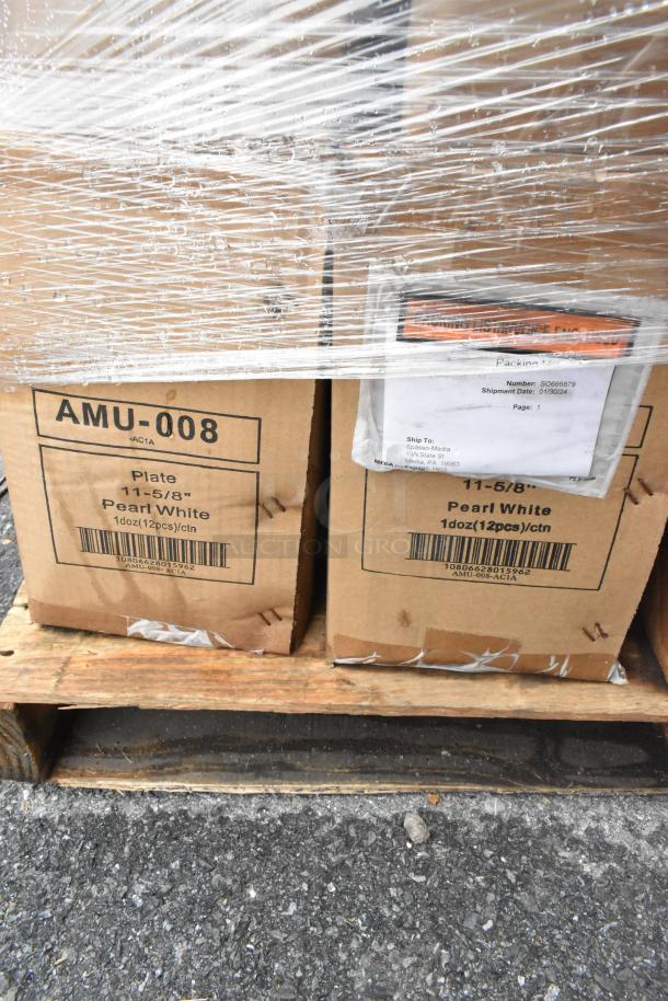 Pallet of 24 boxes with Pearl White plates, pot brush, therapy bowls. Some are brand new, scratch and dent. Marked AMU-008.