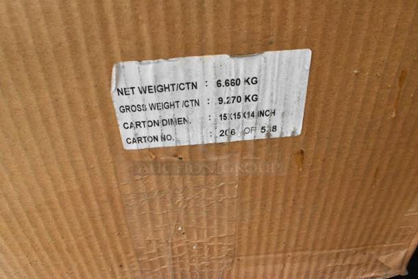 Cardboard box with label showing net weight 6.660 kg, gross weight 9.270 kg, dimensions 15x15x14 inch. Part of 24-item auction lot.