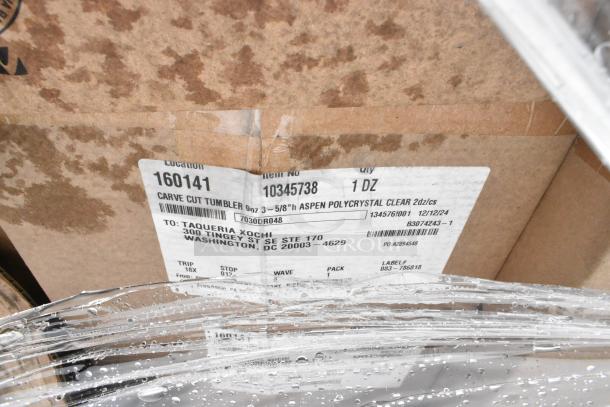 Cardboard box with label indicating "Carve Cut Tumbler, 9oz, Aspen Polycrystal Clear, 1 Dozen," new condition, slight scratch and dent.