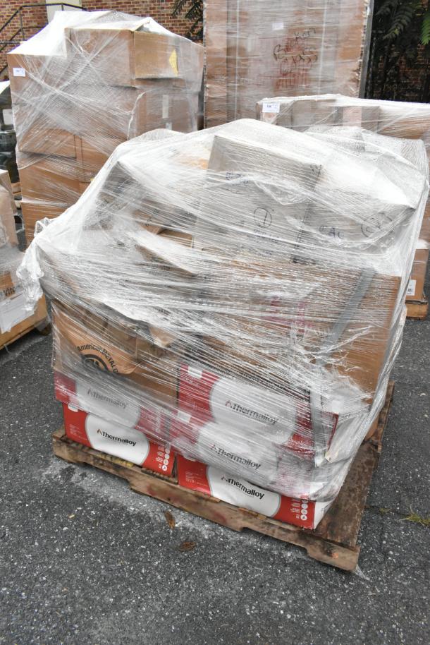 Pallet of 28 new scratch and dent boxes containing stock pots, milk bottles, serving platters. Thermalloy branding visible.