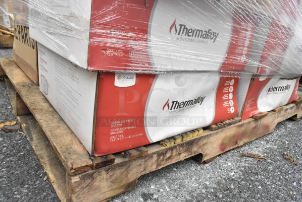 28 new Thermalloy cookware boxes with scratch and dent, including stainless steel braziers. Pallet wrapped.