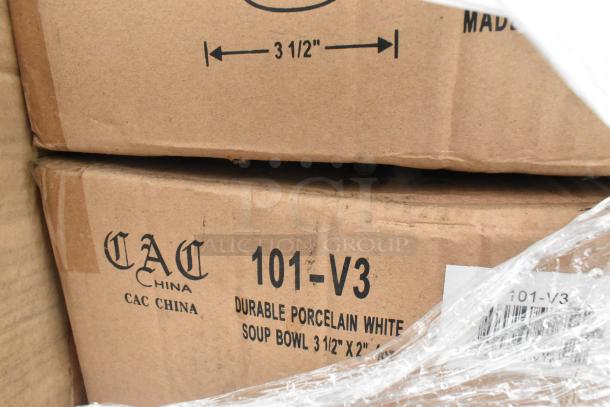 Boxes labeled "CAC China," containing durable porcelain soup bowls, 3.5"x2", new with scratch and dent markings.