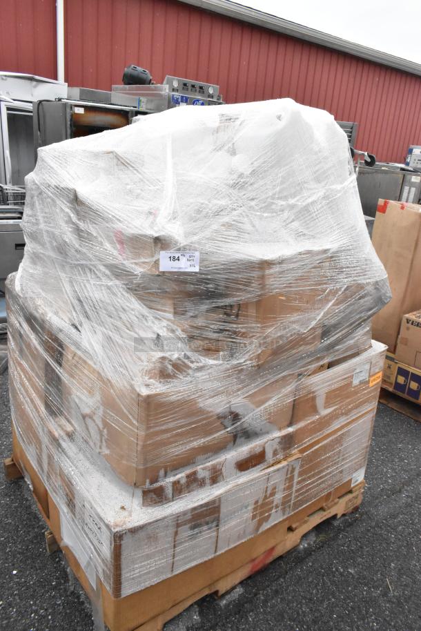 Plastic-wrapped pallet of 26 boxes labeled with item number 184, containing bowls, napkins, ramekins, stock pot, and champagne flutes.