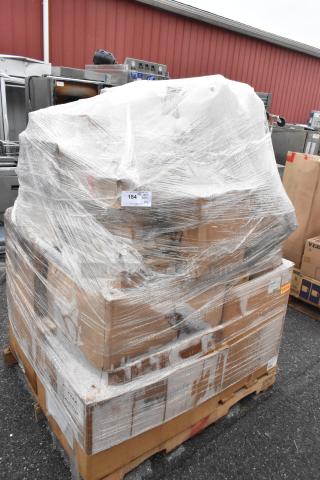 Plastic-wrapped pallet of 26 boxes labeled with item number 184, containing bowls, napkins, ramekins, stock pot, and champagne flutes.