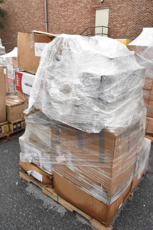Pallet of 26 new boxes labeled "Scratch and Dent," wrapped in plastic, containing bowls, napkins, ramekins, stock pot, champagne flutes.
