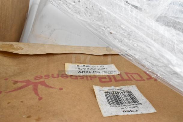 Boxes labeled "Undercounter Glass Rinser" with visible SKU and barcode under protective wrap. Can contain bowls, napkins, ramekins. New condition.