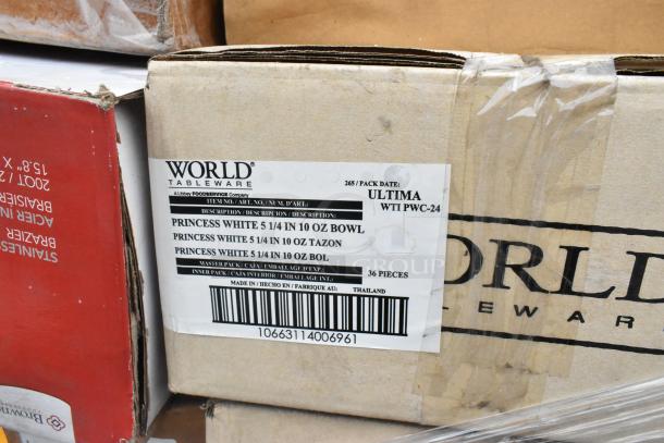 Box of 36 Princess White 5 1/4 in 10 oz bowls by World Tableware. New condition, some scratch and dent. Made in Thailand.