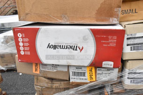 26 brand new scratch and dent boxes containing bowls, napkins, ramekins, stock pot, champagne flutes.