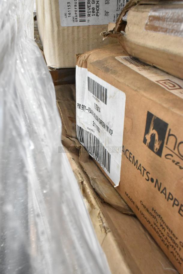 Cardboard boxes labeled with contents: bowls, napkins, ramekins, stock pot, champagne flutes. Scratch and dent condition.
