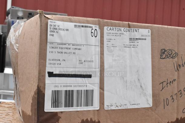 Cardboard box with shipping labels from Bon Chef Inc. to Singer Equipment Company. Labeled "Carton Content" with barcodes.