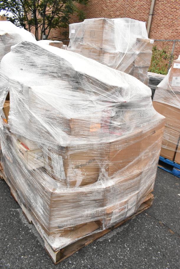 Wrapped pallet with 37 brand new scratch and dent boxes including plates and lamp warmer; sealed with plastic wrap.