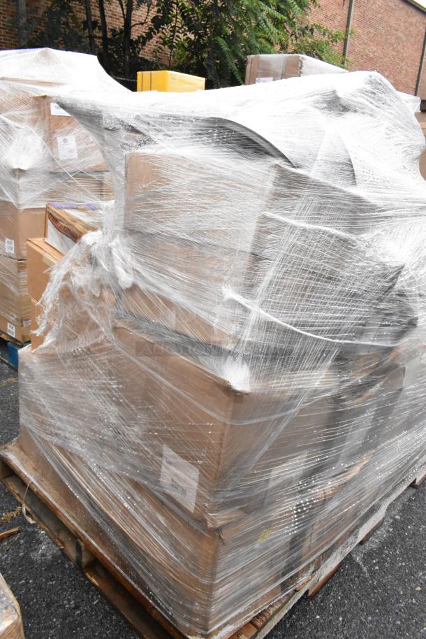Plastic-wrapped pallet containing 37 boxes, labeled as scratch and dent items, including plates and a lamp warmer.