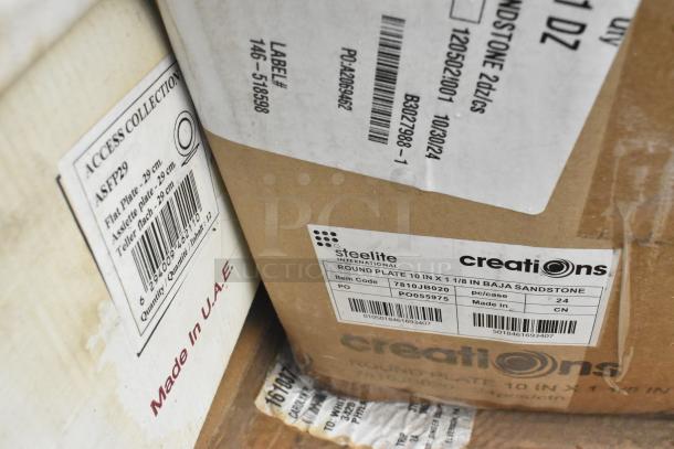 Boxes labeled Steelite International containing round plates, item code 7810JB020, and Access Collection plates, made in UAE.