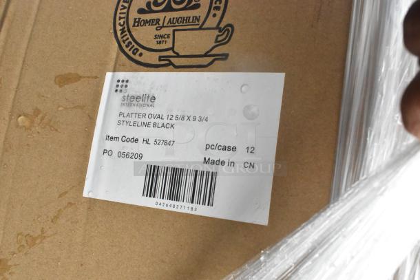Box of Steelite International platters, 12 5/8 x 9 3/4 inches, Styleline Black, item code HL 527847, made in CN.