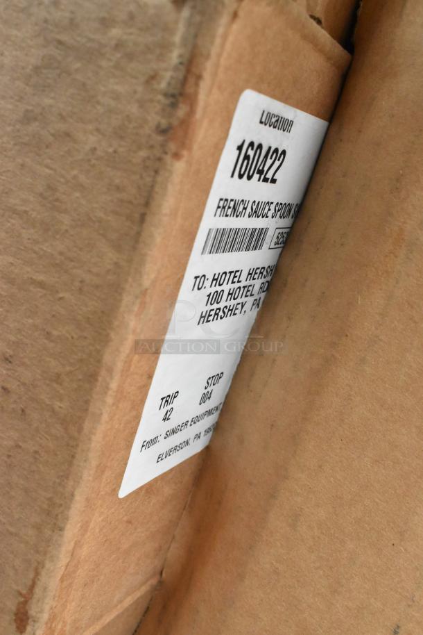 Cardboard box with label reading "French Sauce Spoon S" shipped to Hotel Hershey. From Singer Equipment, Elverson, PA.