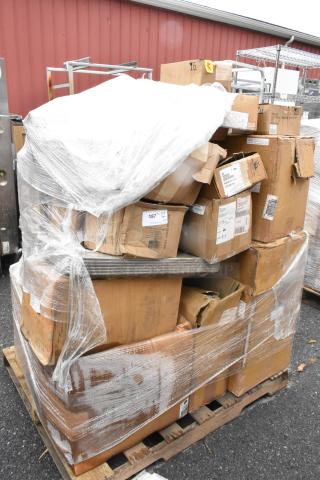 Pallet with 25 boxes, some scratched and dented, containing wrought iron chafers, glasses, and Fiesta dishes.