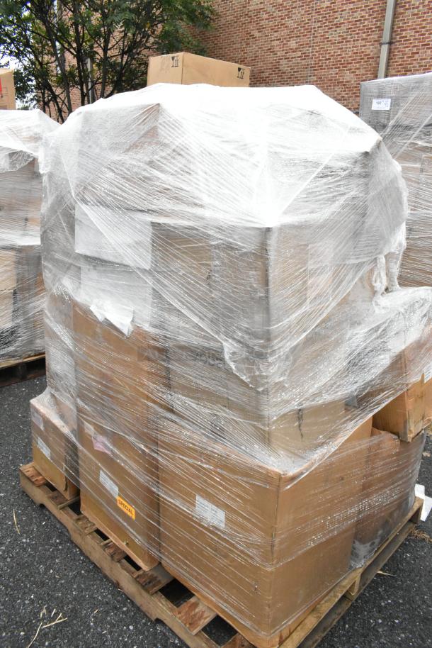 Pallet of 25 new scratch and dent boxes, wrapped in plastic. Includes wrought iron chafer, glasses, Fiesta dishes.