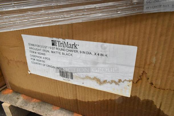 Box labeled "TriMark Wrought Iron Chafer." Contains casepack of 4, 9" dia., matte black. Made in India. Item #922400.