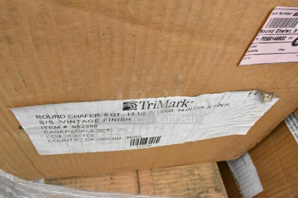 TriMark Round Chafer box, 5 qt, stainless steel, vintage finish, item #922398, 13.5" diameter, India-made, slight damage.