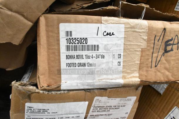 Stacked boxes with labels indicating "Bonna Bowl 10oz" and "Footed Grain 12ea/cs." Marked "1 case" handwritten.