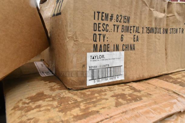 Cardboard box with label "Taylor, TY Bimetal 1.75in Dial 8in Stem TR Silv." Marked Item #8215N, 6 units, Made in China.