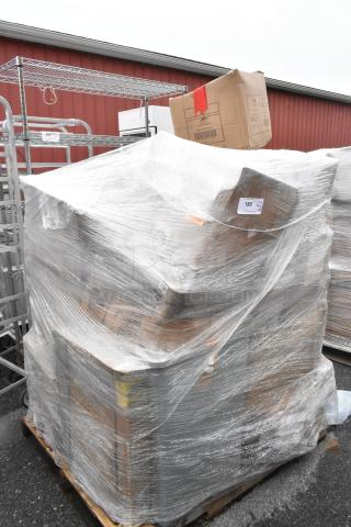 Pallet with 30 new scratch and dent boxes, including plates, glasses, steak knives; wrapped in plastic, label reads "188".