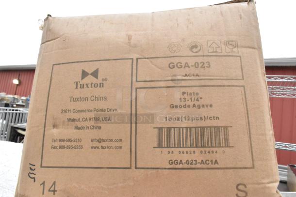Cardboard box labeled Tuxton China, containing 13-1/4" Geode Agave plates, 1 dozen per carton. Made in China.
