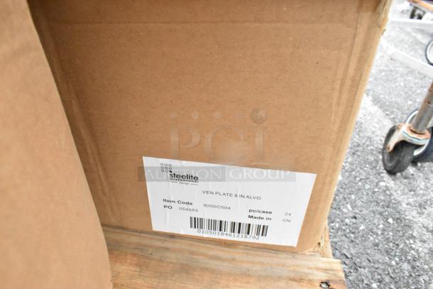Box label from Steelite International, item code 9300C504, 24 plates per case, made in China.