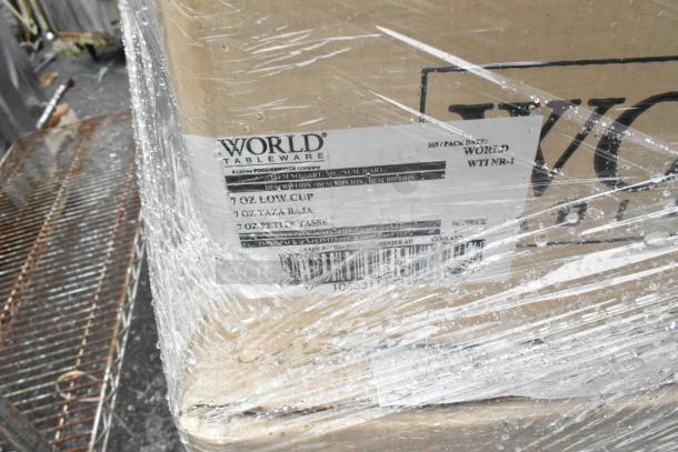 30 brand new scratch and dent boxes with plates, fudge server, glasses, steak knives, cups. Labeled: World Tableware.