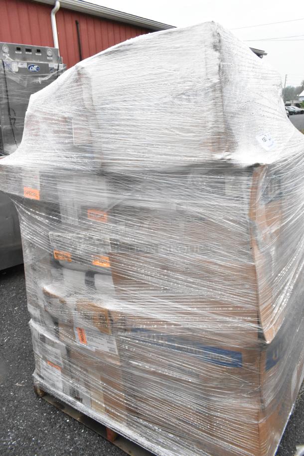 29 brand new scratch and dent boxes on a pallet, wrapped in plastic. Contains condiment caddies, delimer, jugs, dishes.