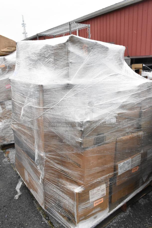 Stack of 29 brand new scratch and dent boxes shrink-wrapped on a pallet. Includes caddy frame, delimer, jugs, and dishes.