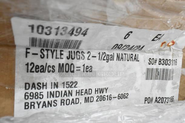 Label showing: F-Style Jugs, 2½ gal, natural, 12 per case. Address: Bryans Road, MD 20616. SO# B3038166, PO# A2073166.