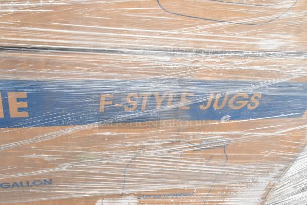29 new scratch and dent boxes wrapped in plastic, labeled "F-STYLE JUGS", including condiment caddy frame, delimer, dishes.