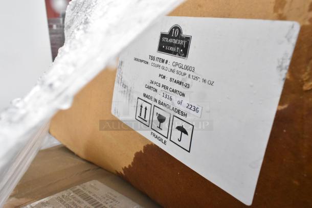 Label on a cardboard box reads "10 Strawberry Street, Coupe Gold Line Soup, 8.125", 16 oz, 24 pieces per carton, Made in Bangladesh, Fragile."