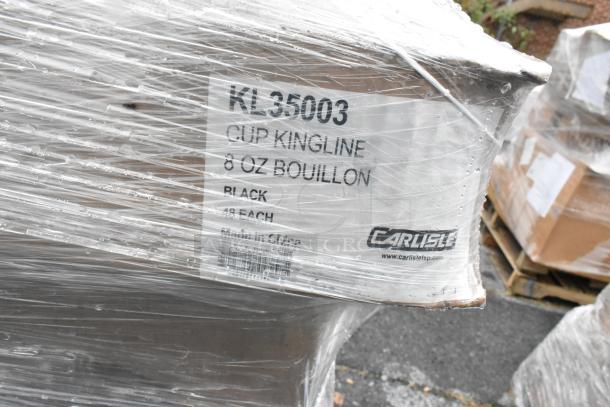 Wrapped box labeled "KL35003 Cup Kingline, 8 OZ Bouillon, Black, 48 each" with Carlisle branding visible.
