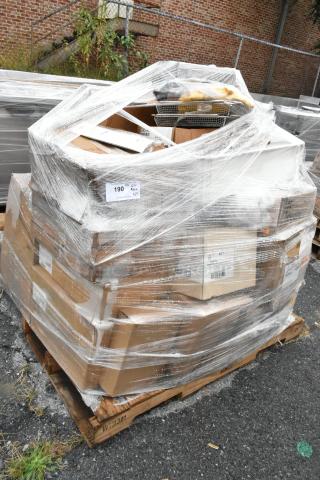 Stack of 27 boxes on a pallet, shrink-wrapped. Boxes include plates and bowls. Labeled "190 Pcs, Qty Approx. x27."