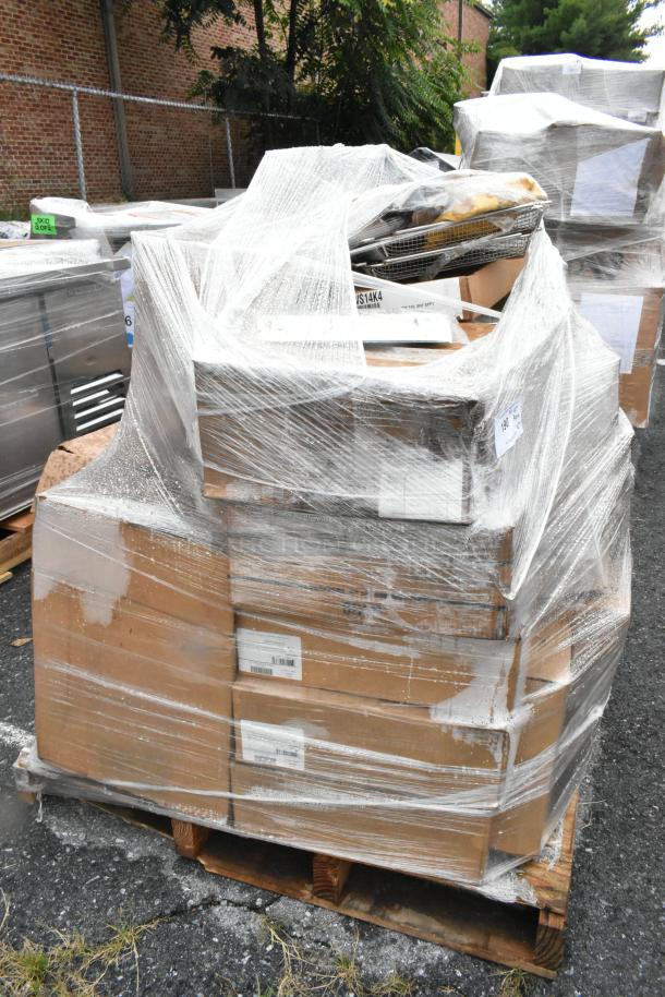 Pallet with 27 boxes wrapped in plastic, containing brand new scratch and dent plates and bowls for auction. Tags visible.